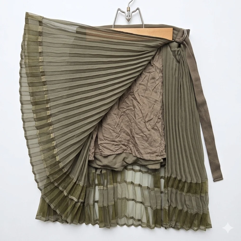 Free People Bowery Pleated Sheer High Waist Midi Skirt in Army Green Sz M - Picture 4 of 10